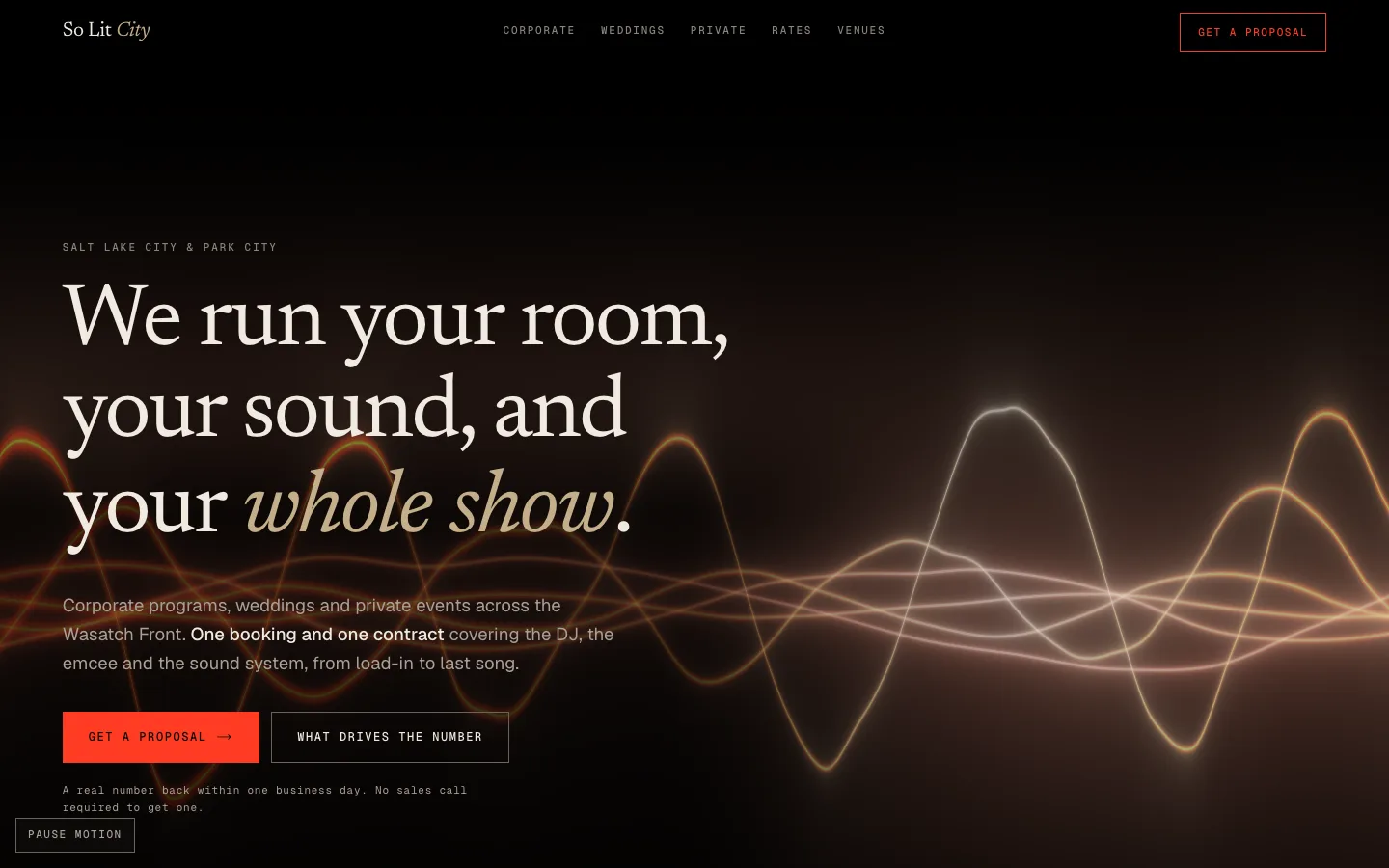 So Lit City homepage: a dark hero reading 'We run your room, your sound, and your whole show' over a glowing waveform.
