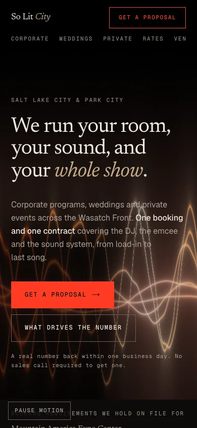 The same homepage on a phone, with the headline stacked over the waveform.