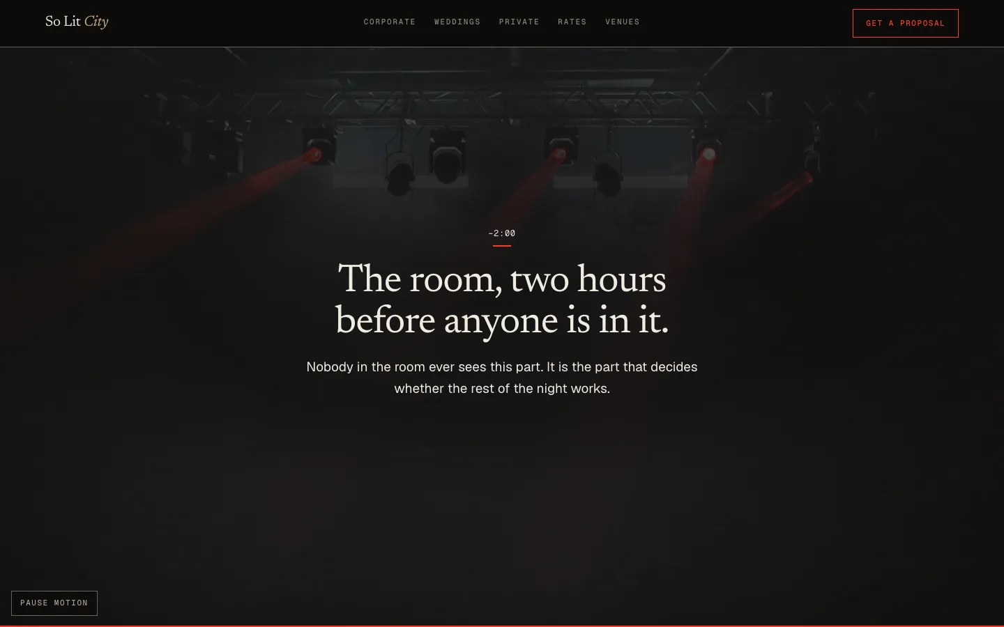 A run-of-show beat partway down the page, timestamped minus two hours, over a dimmed photograph of an empty lit room.