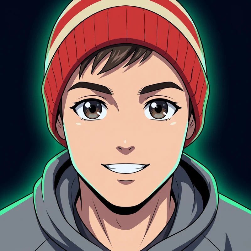 Drawn from a real selfie. The beanie is real. Nathan Patterson, drawn as an anime portrait: red and cream striped beanie, grey hoodie, open smile.